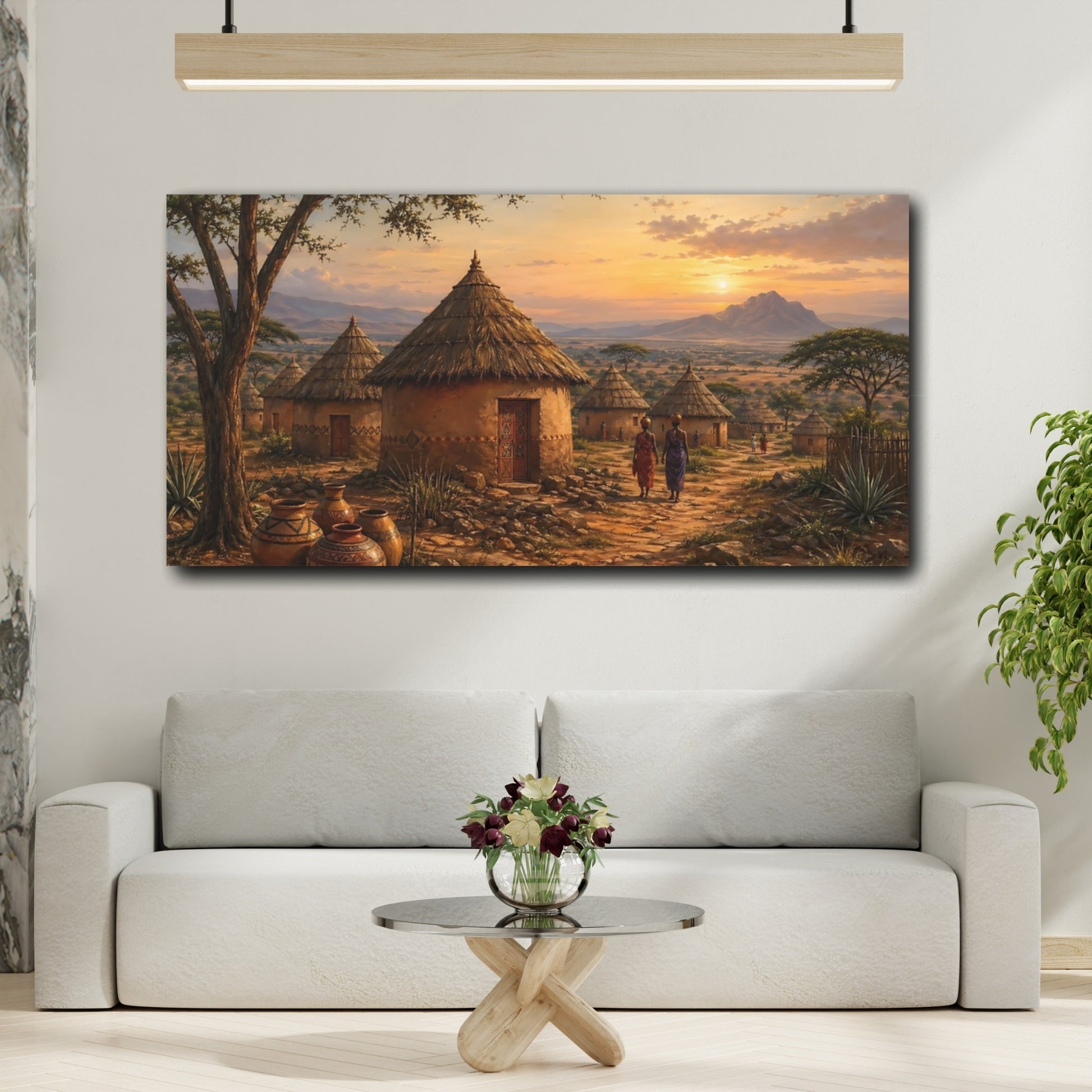 Mockup 3. Nature African Village African Village Sunset shown as stretched canvas wall art