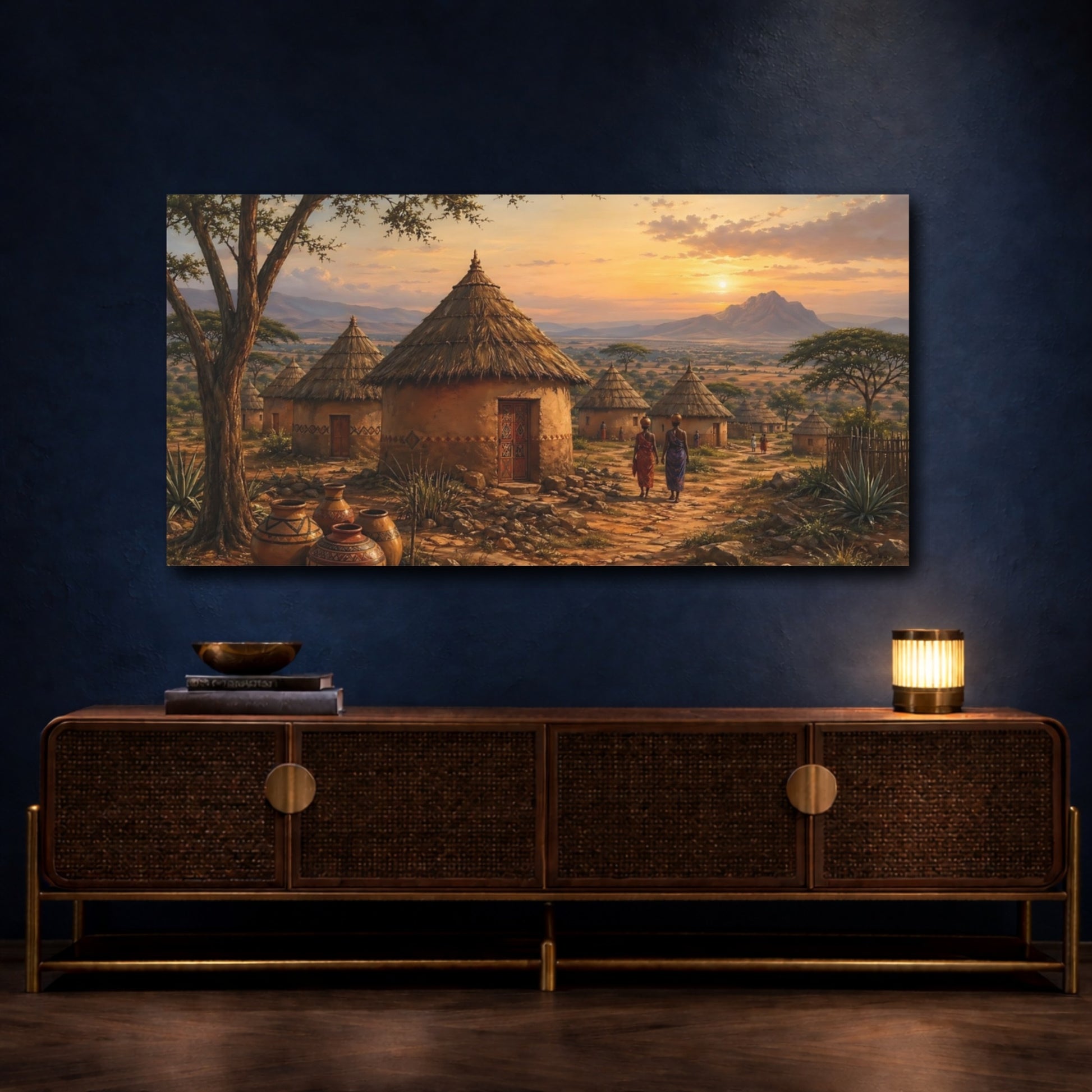 Mockup 4. Nature African Village African Village Sunset shown as stretched canvas wall art