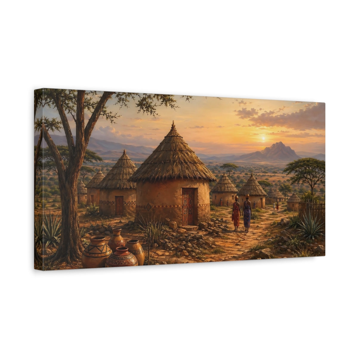 Side Mockup 3. Nature African Village African Village Sunset shown as stretched canvas wall art