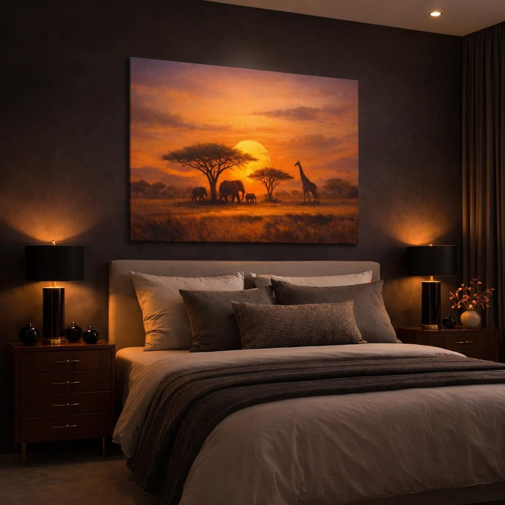 Nature African Wildlife African Sunset shown as canvas wall art in a luxury bedroom