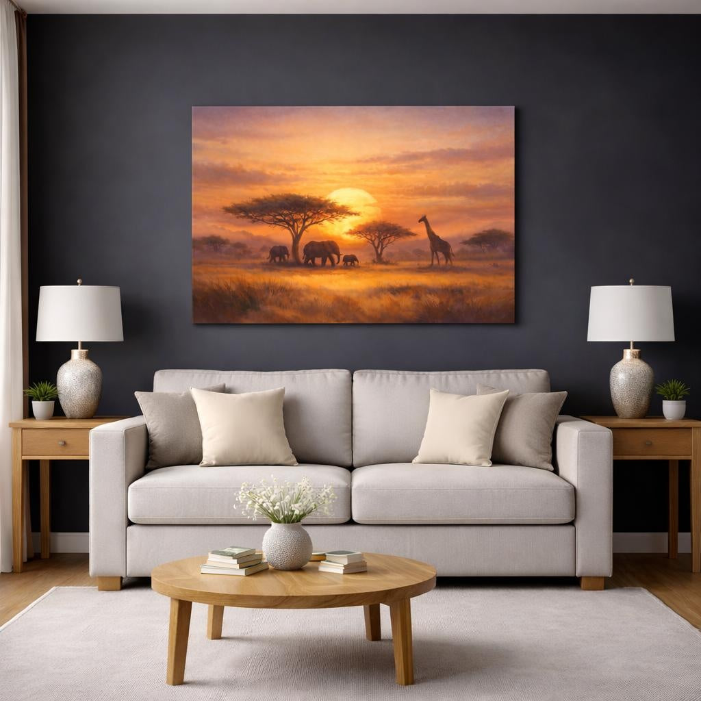 Nature African Wildlife African Sunset shown as canvas wall art in a modern living room
