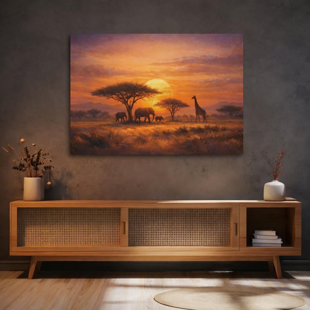 Nature African Wildlife African Sunset shown as canvas wall art in a sophisticated contemporary living space