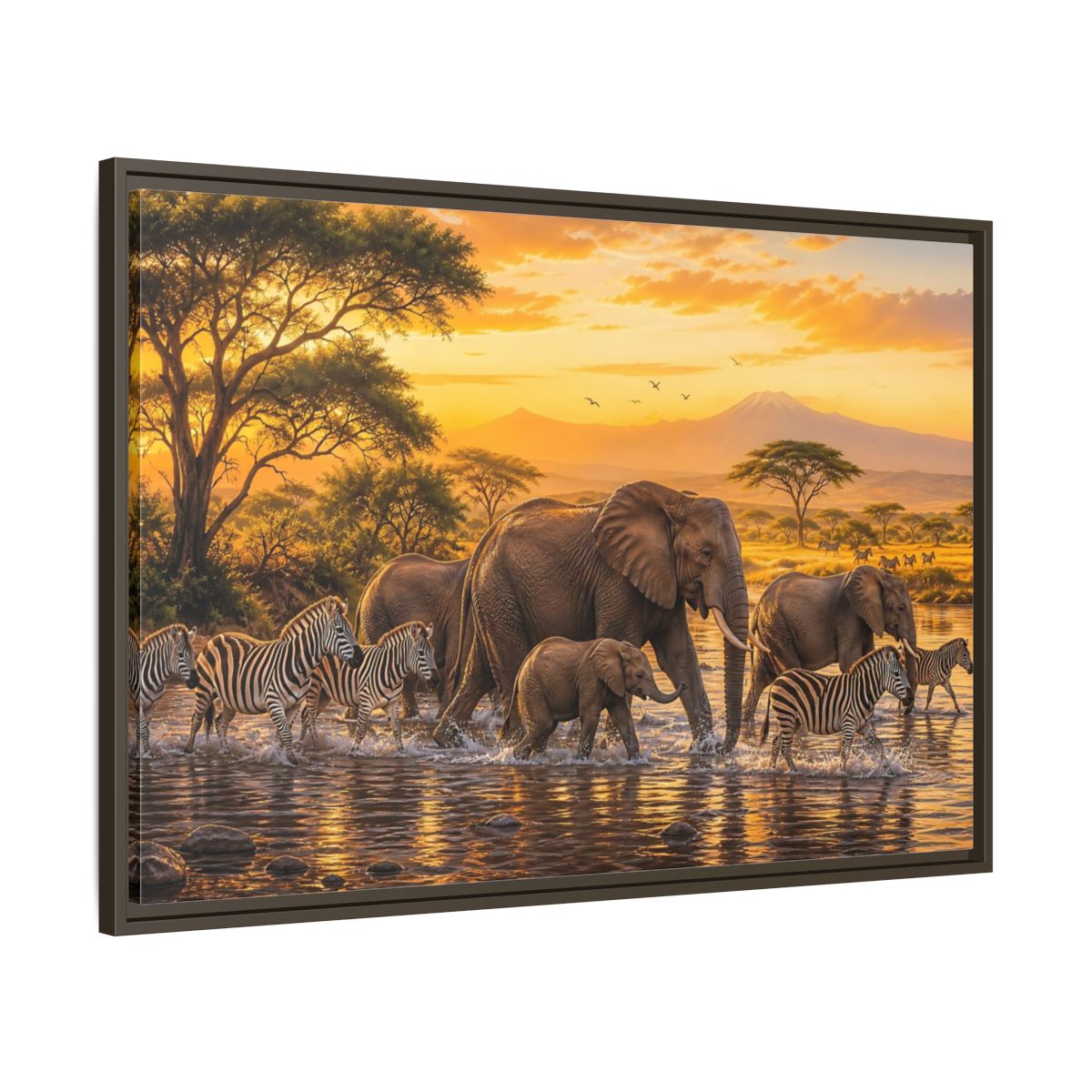 Main Mockup. Nature African Wildlife Golden Safari shown as stretched canvas wall art