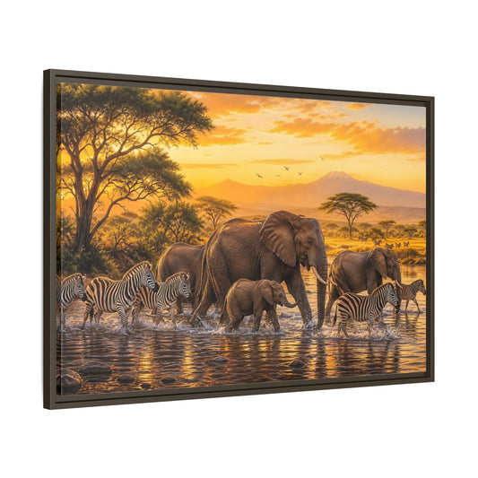 Main Mockup. Nature African Wildlife Golden Safari shown as stretched canvas wall art