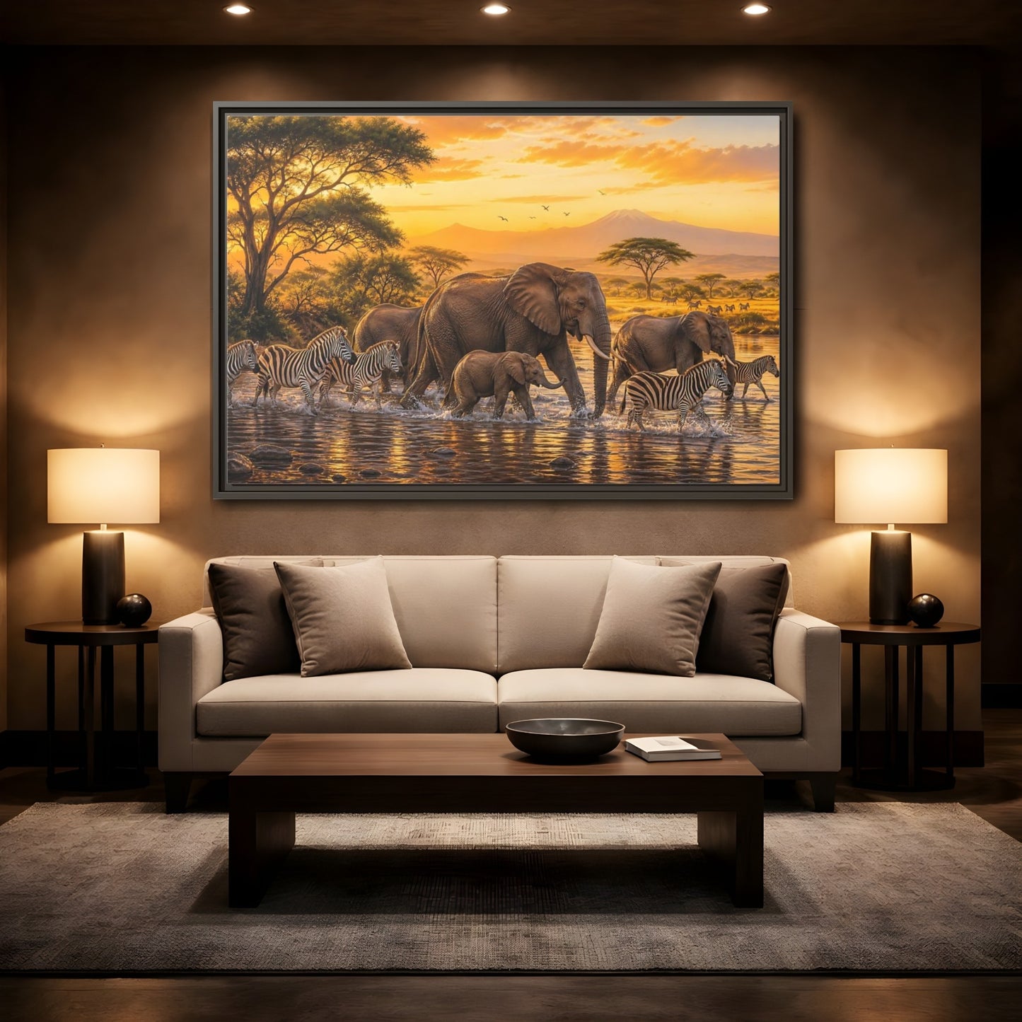 Mockup 2. Nature African Wildlife Golden Safari shown as stretched canvas wall art