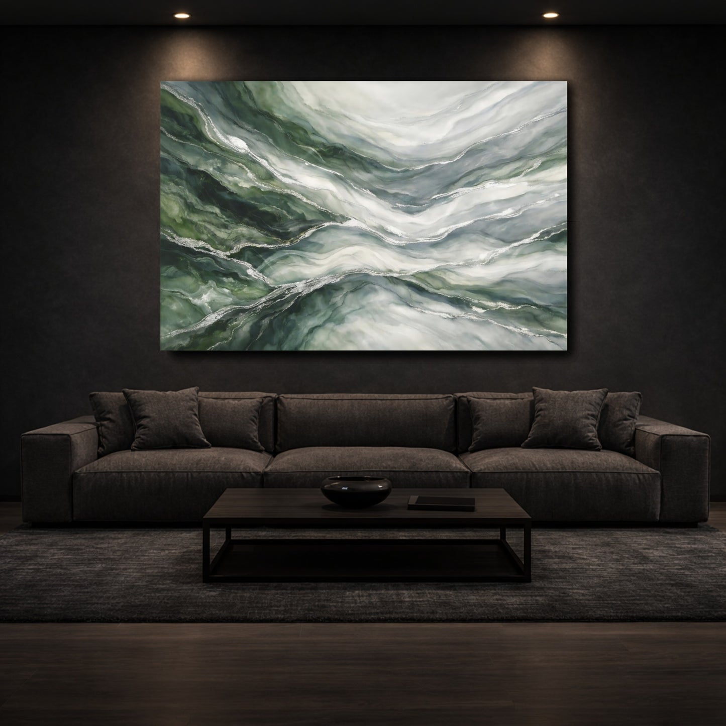 Mockup 2. Nature Agate Stone Green And Silver shown as stretched canvas wall art