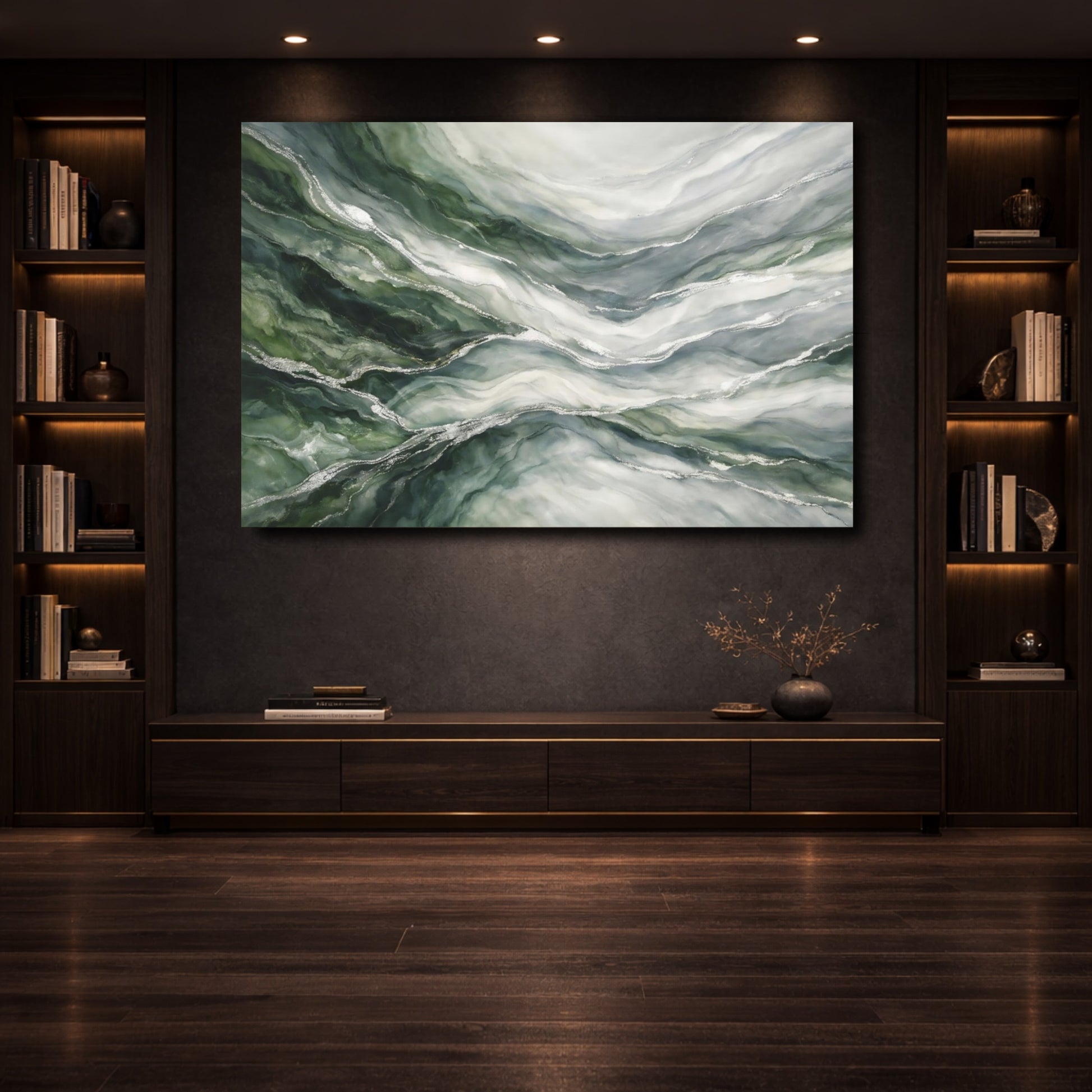 Mockup 3. Nature Agate Stone Green And Silver shown as stretched canvas wall art