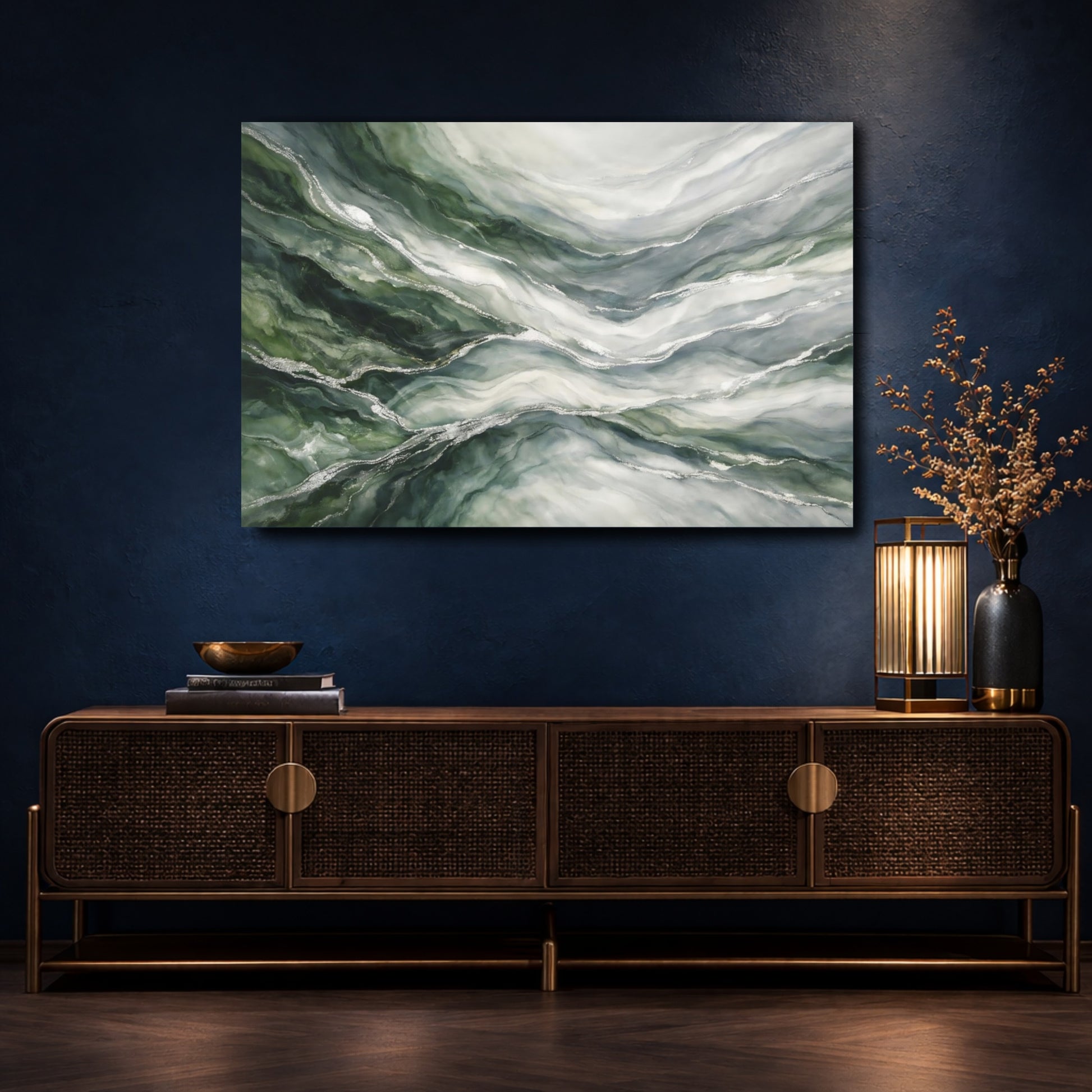Mockup 4. Nature Agate Stone Green And Silver shown as stretched canvas wall art