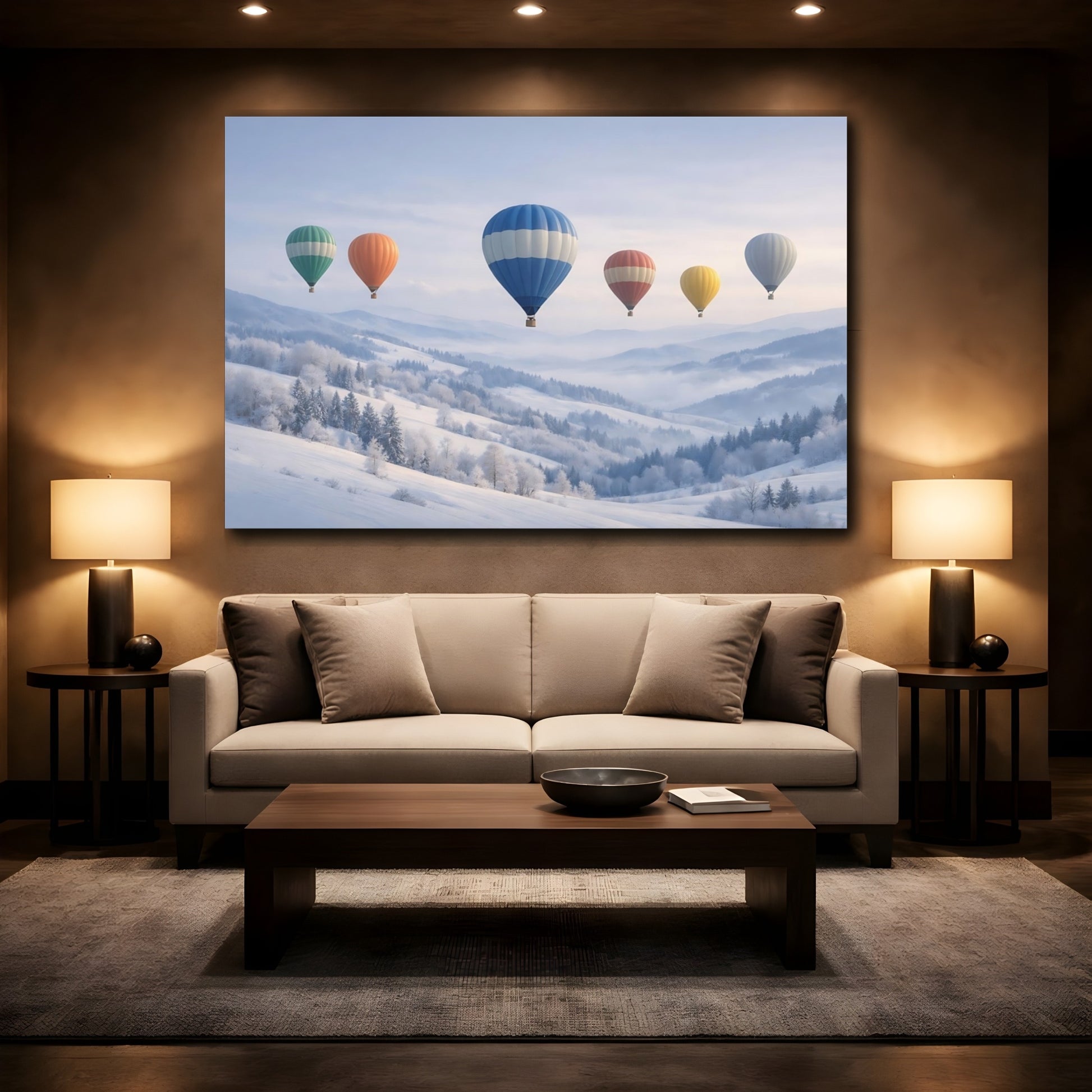 Mockup 2. Nature Air Balloons Winter Hot Air Balloons shown as stretched canvas wall art