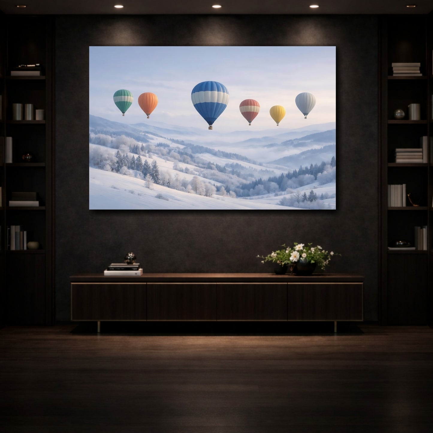 Mockup 3. Nature Air Balloons Winter Hot Air Balloons shown as stretched canvas wall art