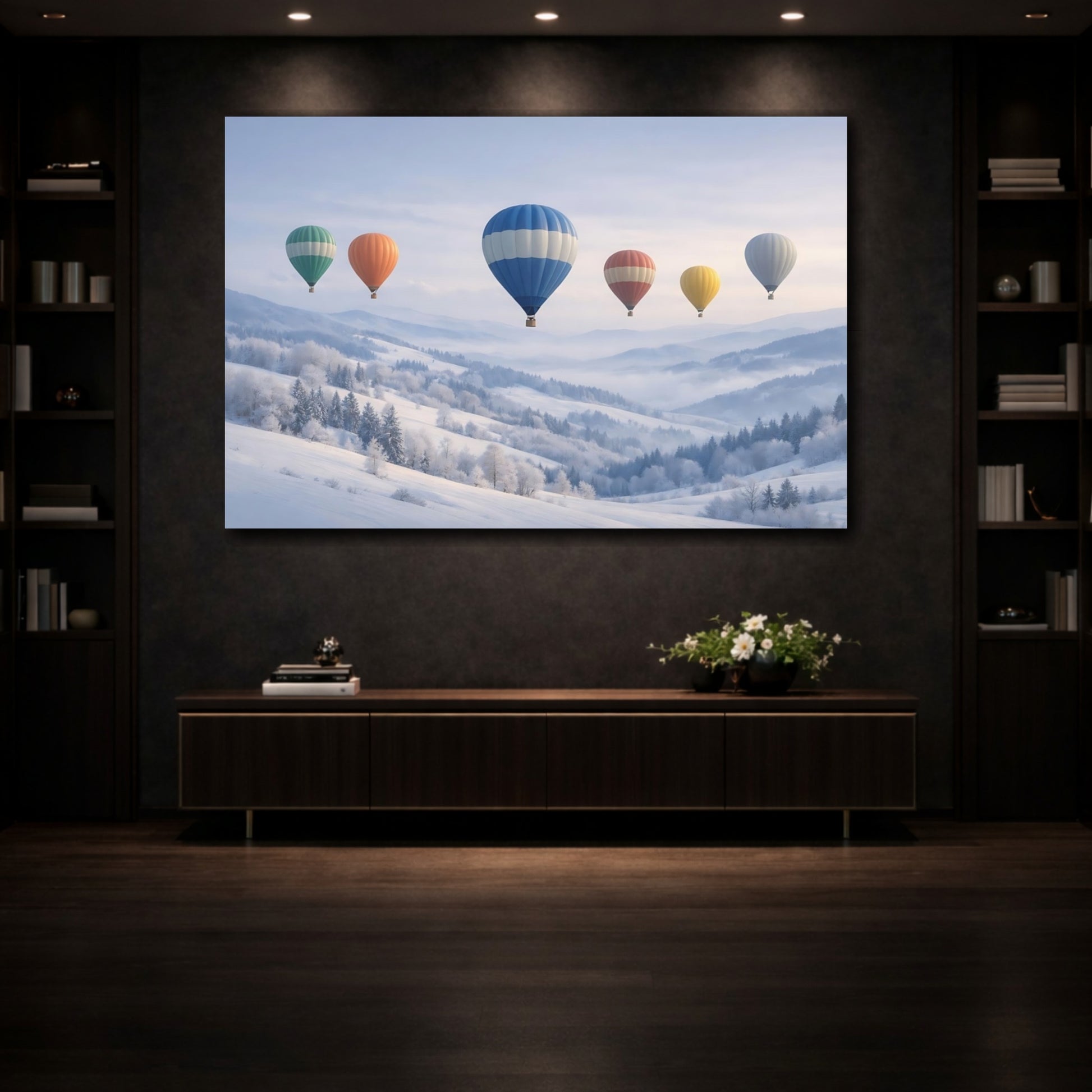 Mockup 3. Nature Air Balloons Winter Hot Air Balloons shown as stretched canvas wall art