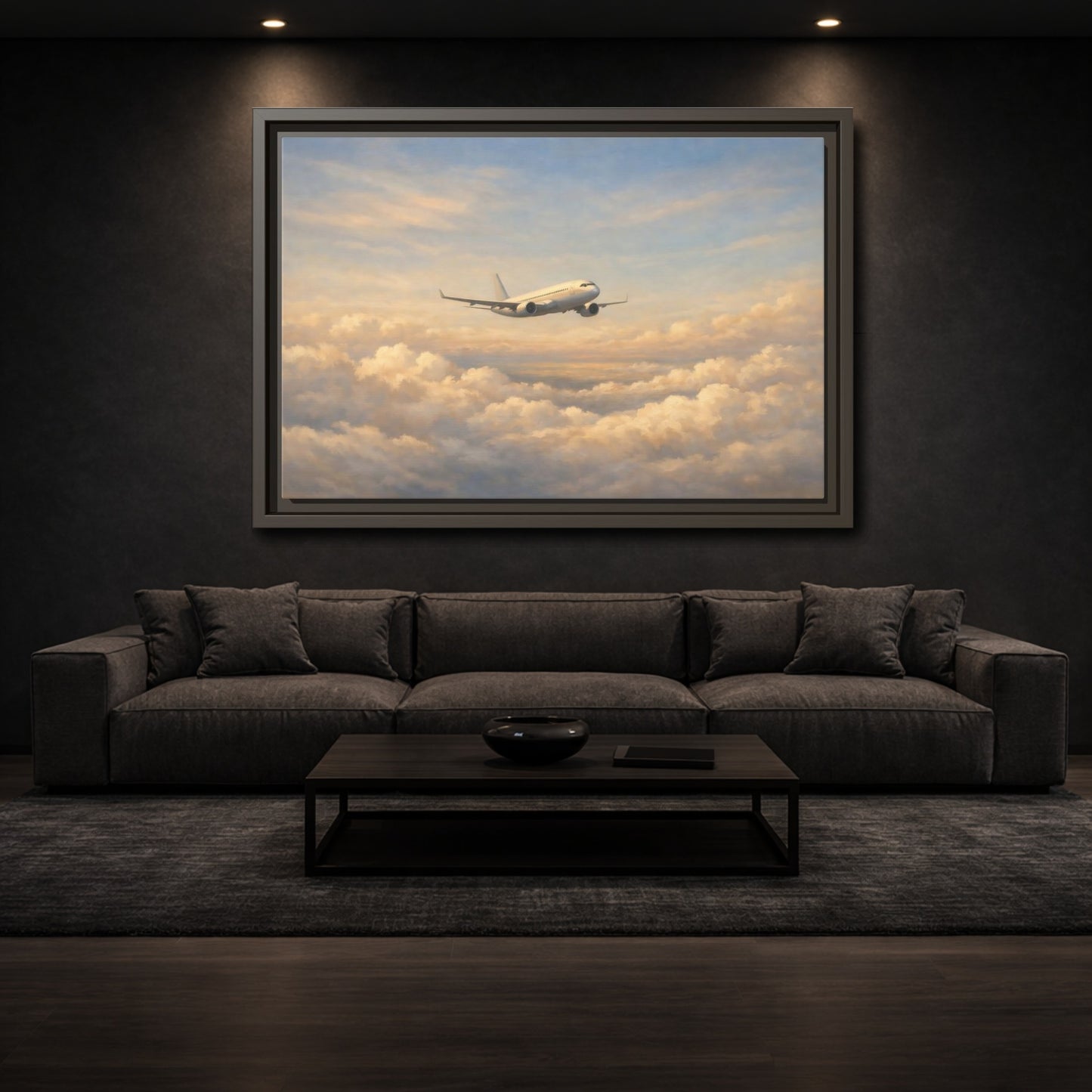 Mockup 2. Nature Airplane Blue Gold Airplane shown as stretched canvas wall art
