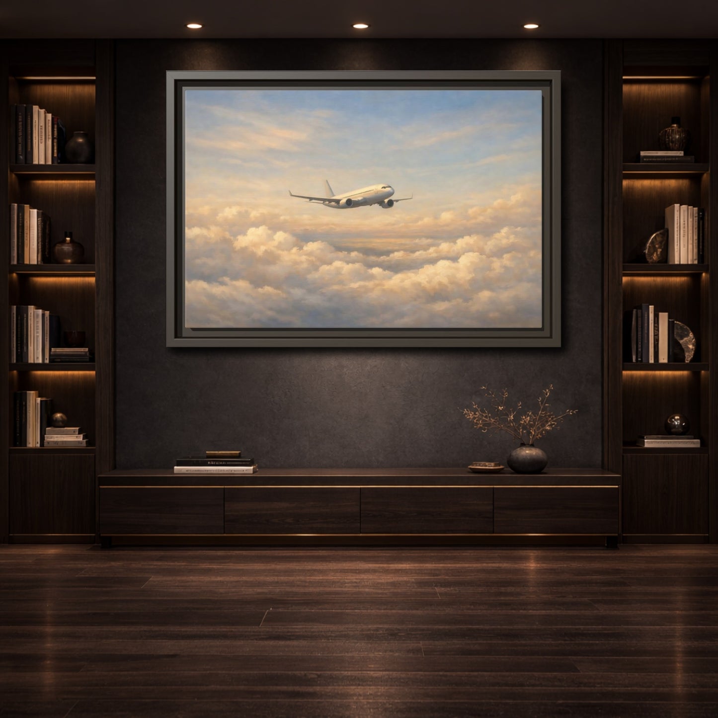 Mockup 3. Nature Airplane Blue Gold Airplane shown as stretched canvas wall art