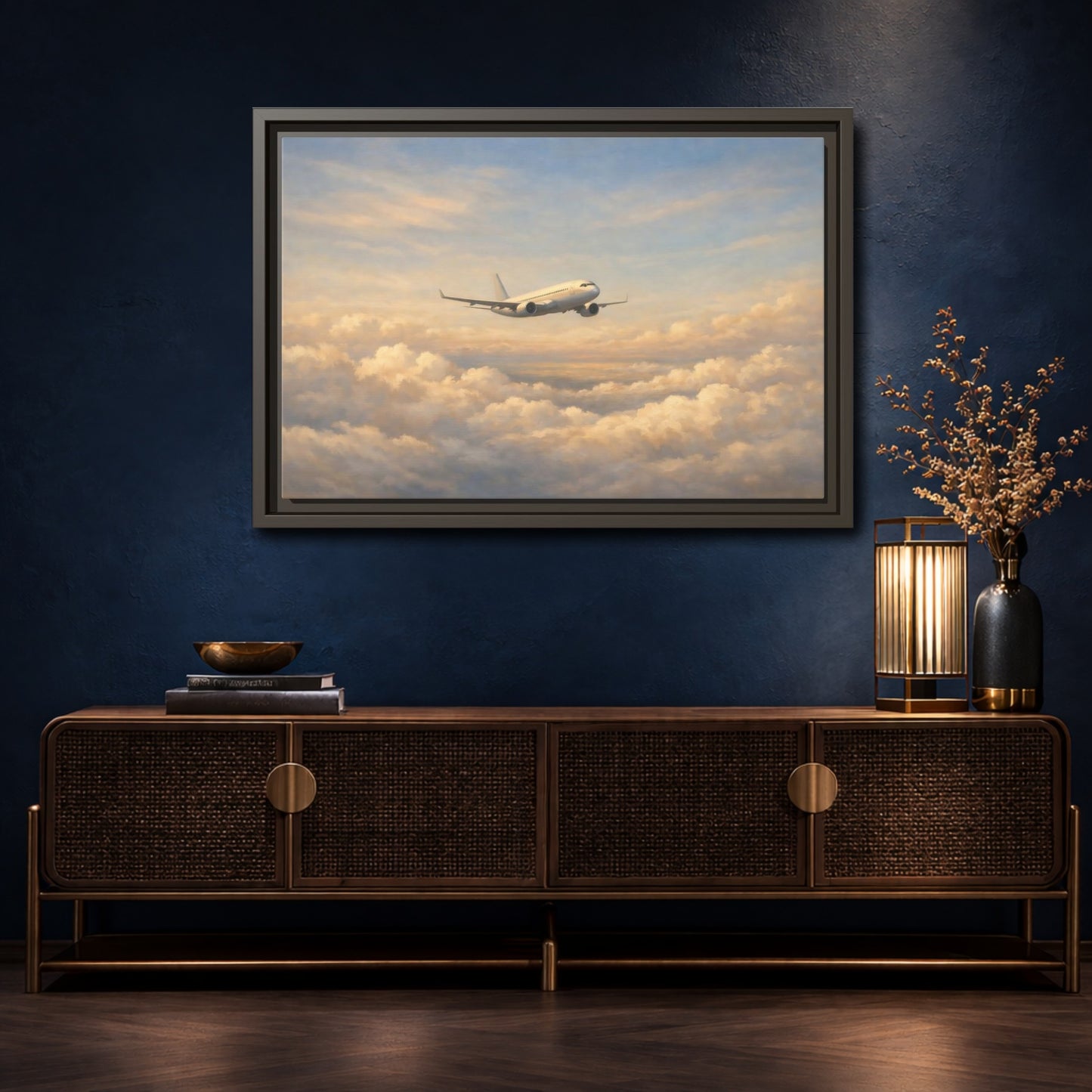 Mockup 4. Nature Airplane Blue Gold Airplane shown as stretched canvas wall art