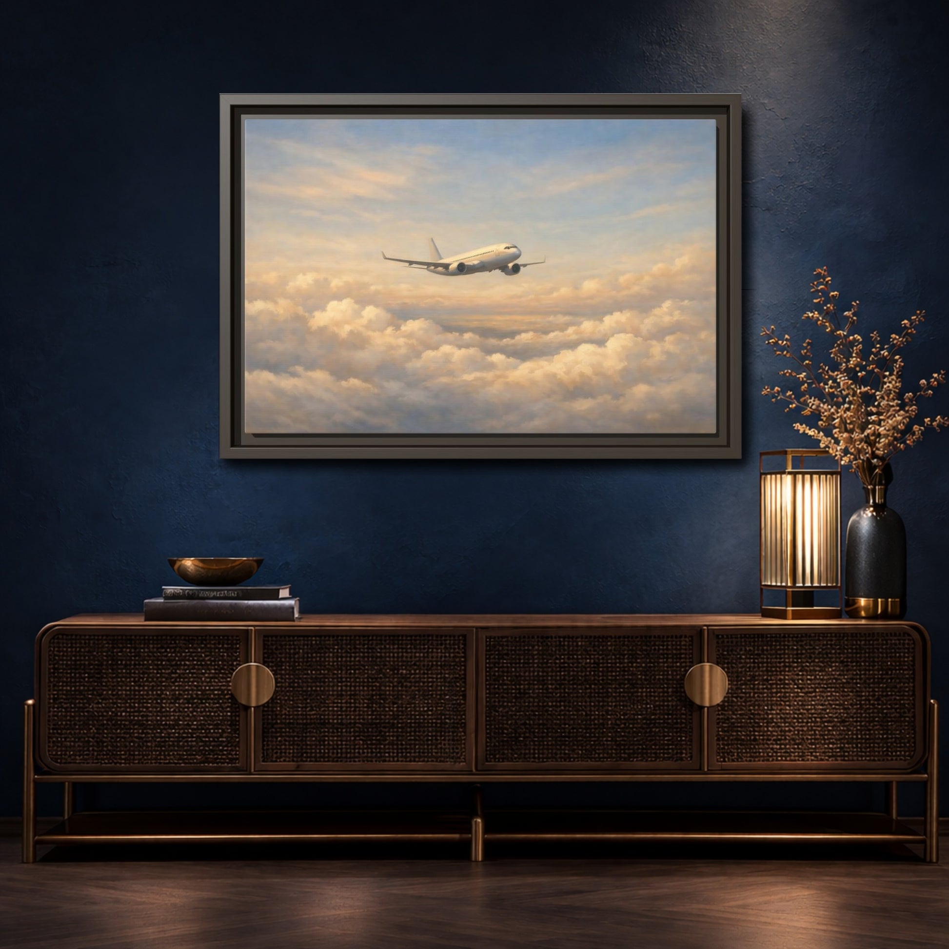 Mockup 4. Nature Airplane Blue Gold Airplane shown as stretched canvas wall art