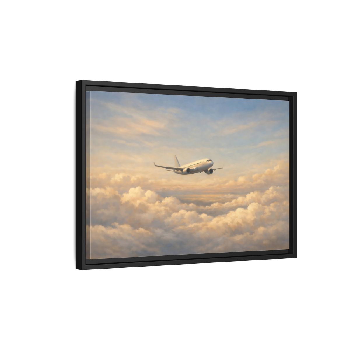 Side Mockup 3. Nature Airplane Blue Gold Airplane shown as stretched canvas wall art