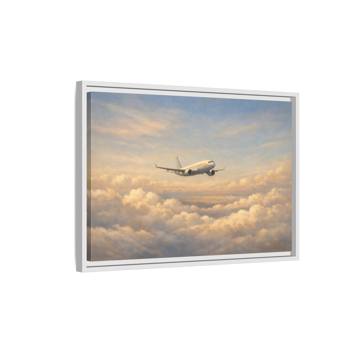 Side Mockup 1. Nature Airplane Blue Gold Airplane shown as stretched canvas wall art