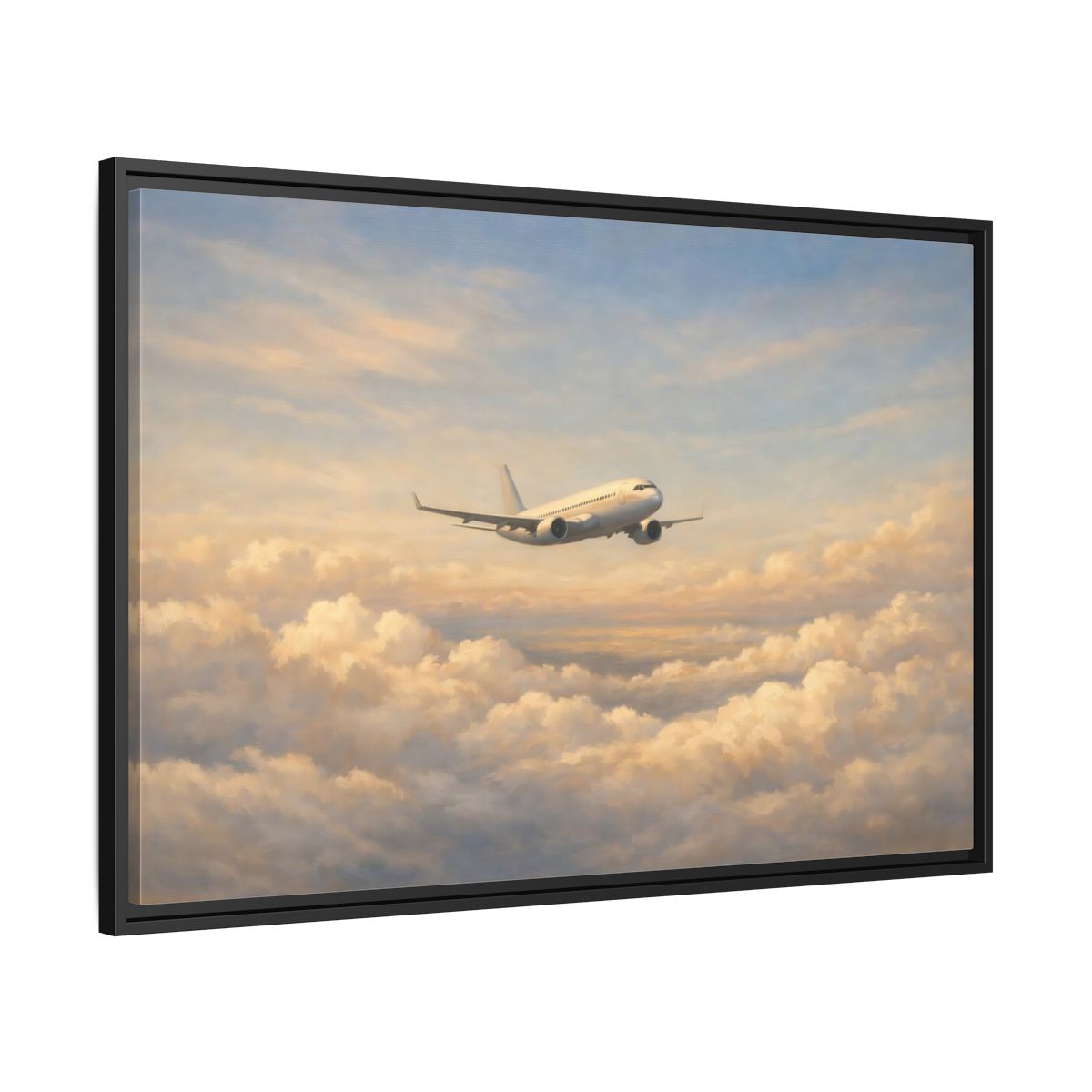 Side Mockup 13. Nature Airplane Blue Gold Airplane shown as stretched canvas wall art