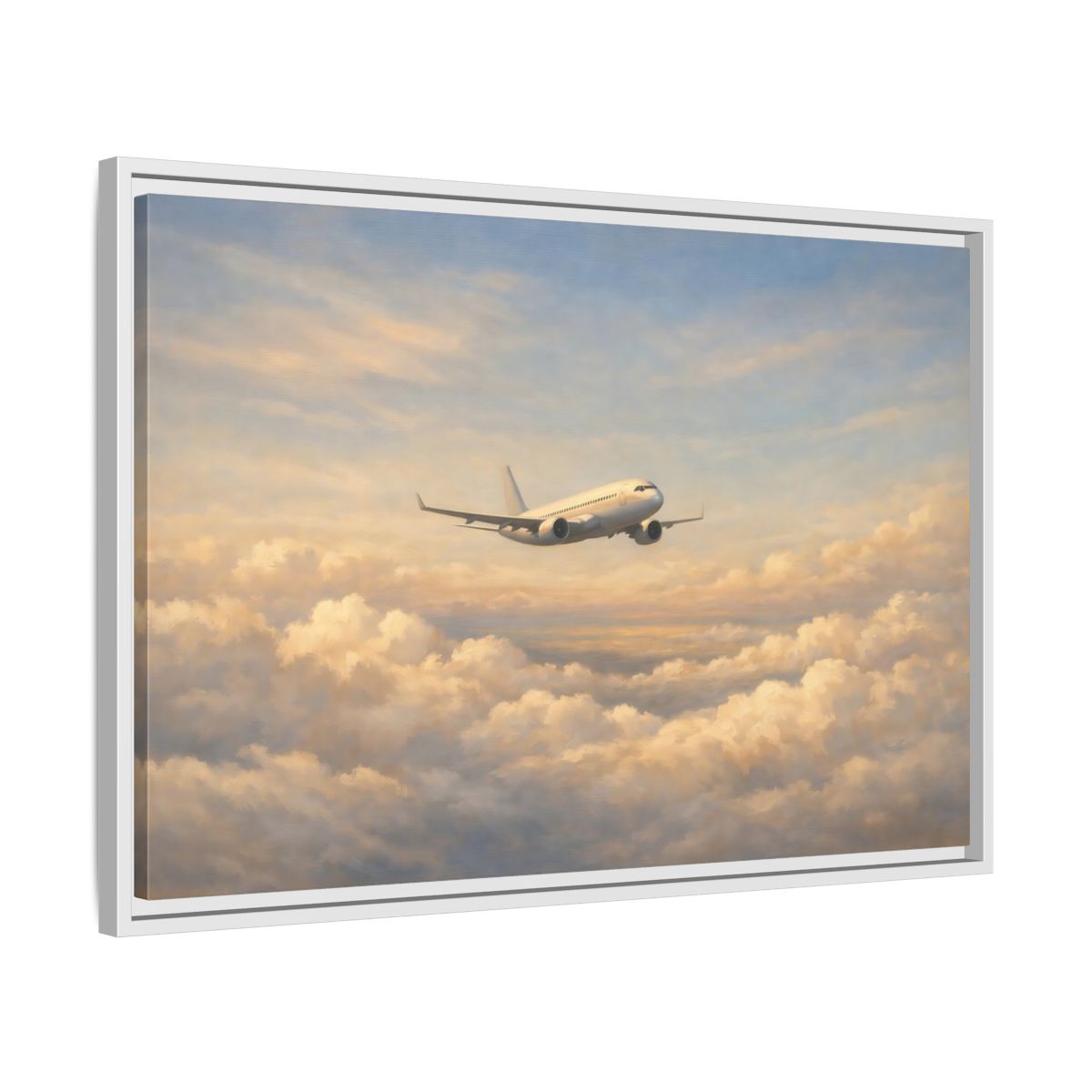 Side Mockup 10. Nature Airplane Blue Gold Airplane shown as stretched canvas wall art