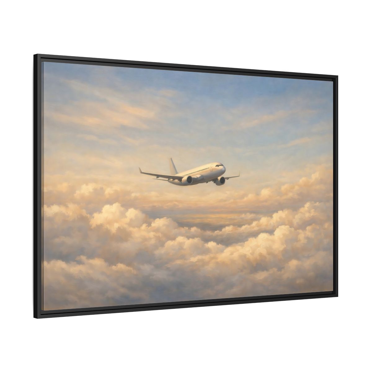 Side Mockup 12. Nature Airplane Blue Gold Airplane shown as stretched canvas wall art