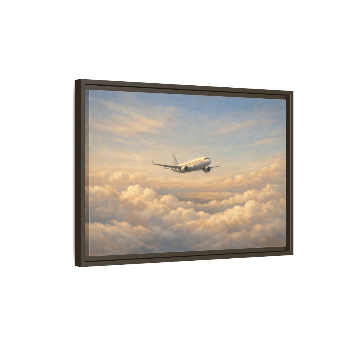 Side Mockup 2. Nature Airplane Blue Gold Airplane shown as stretched canvas wall art