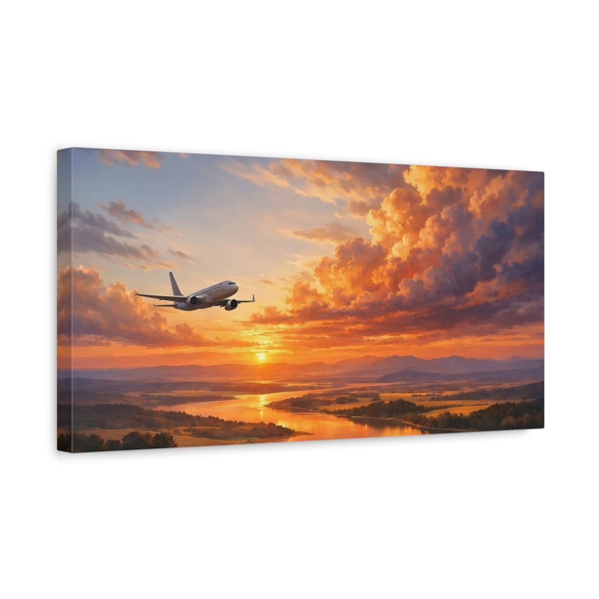 Nature Airplane Orange Sunset - Canvas Wall Art Print - YesArtYes