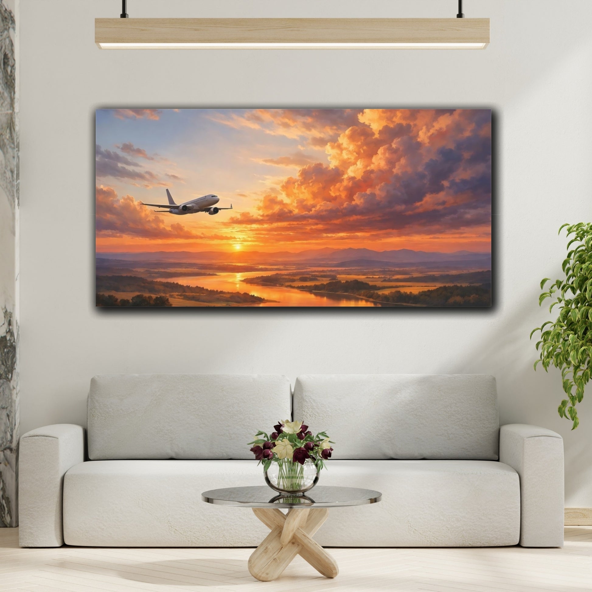 Mockup 3. Nature Airplane Orange Sunset shown as stretched canvas wall art