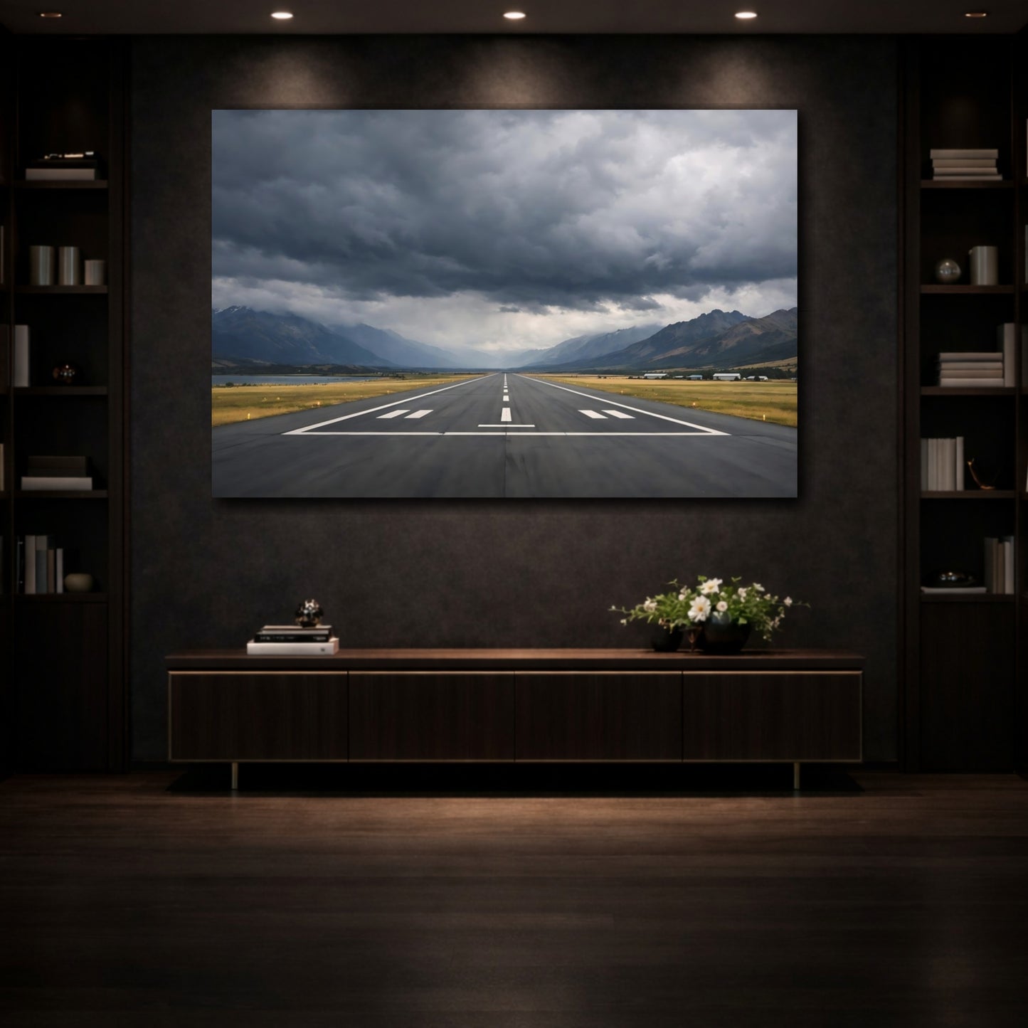Mockup 3. Nature Airport Runway Dramatic Landscape shown as stretched canvas wall art