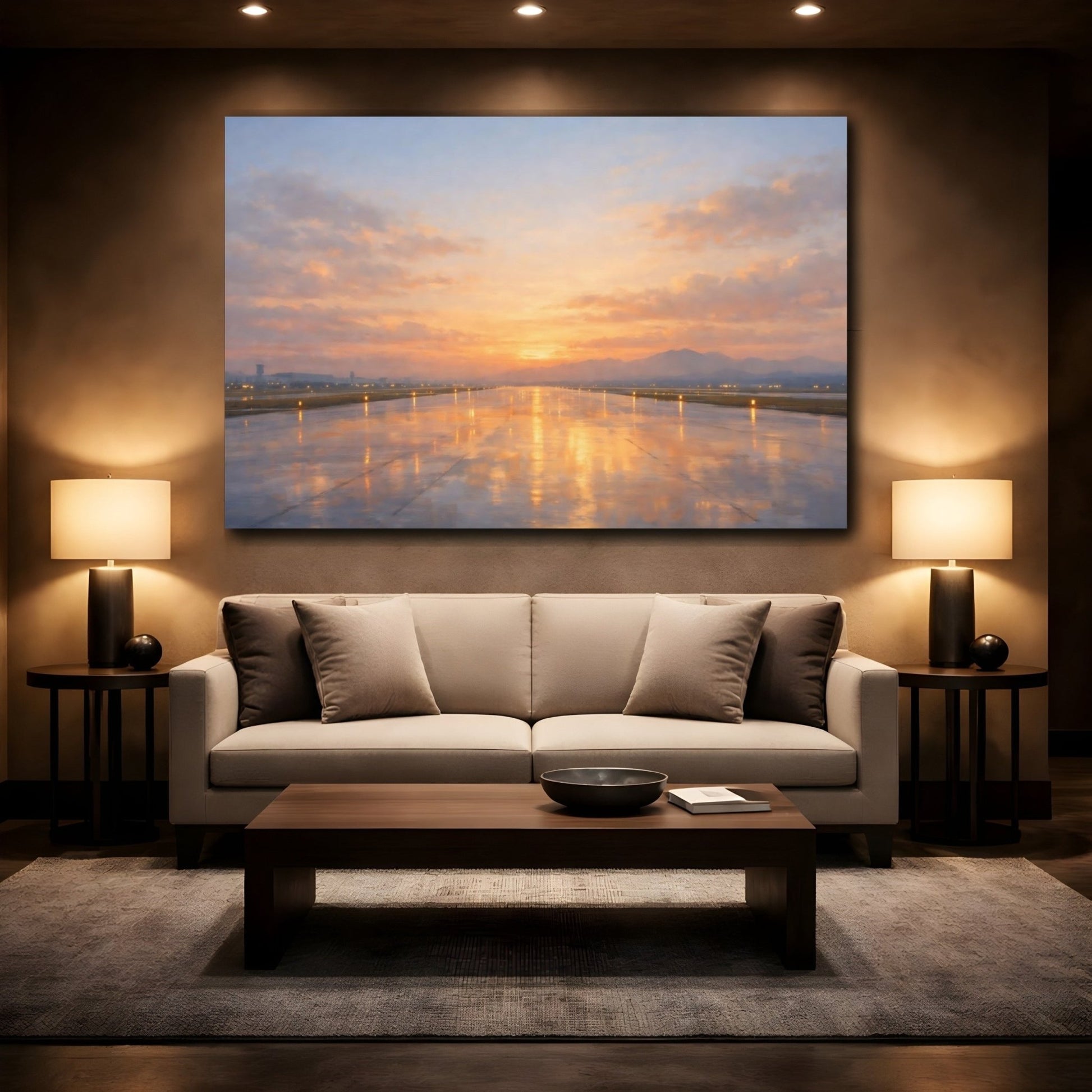 Nature Airport Runway Orange Sunset - Canvas Wall Art Print - YesArtYes