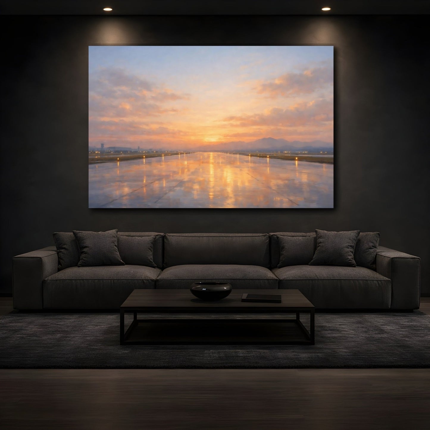 Nature Airport Runway Orange Sunset - Canvas Wall Art Print - YesArtYes