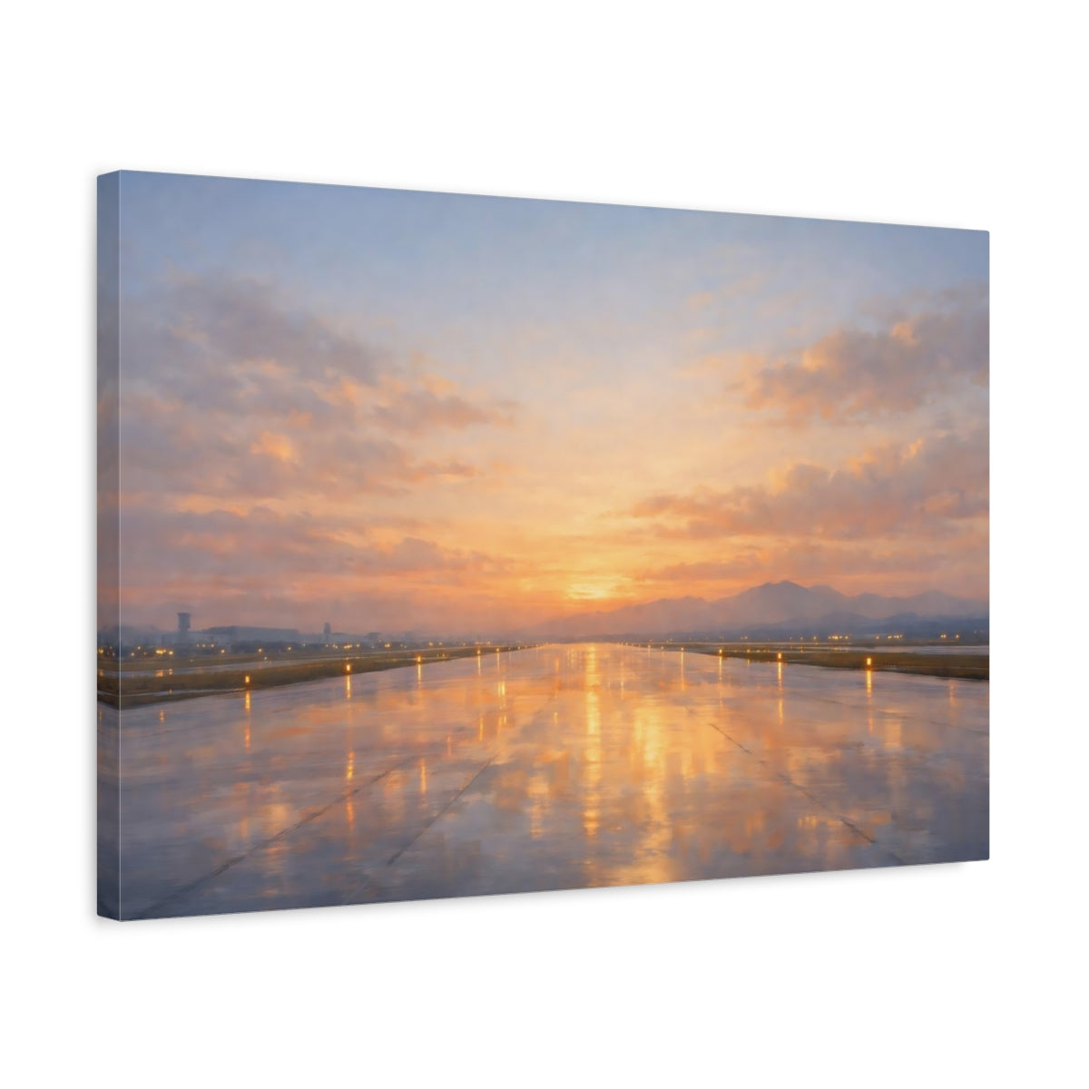 Side Mockup 3. Nature Airport Runway Orange Sunset Runway shown as stretched canvas wall art
