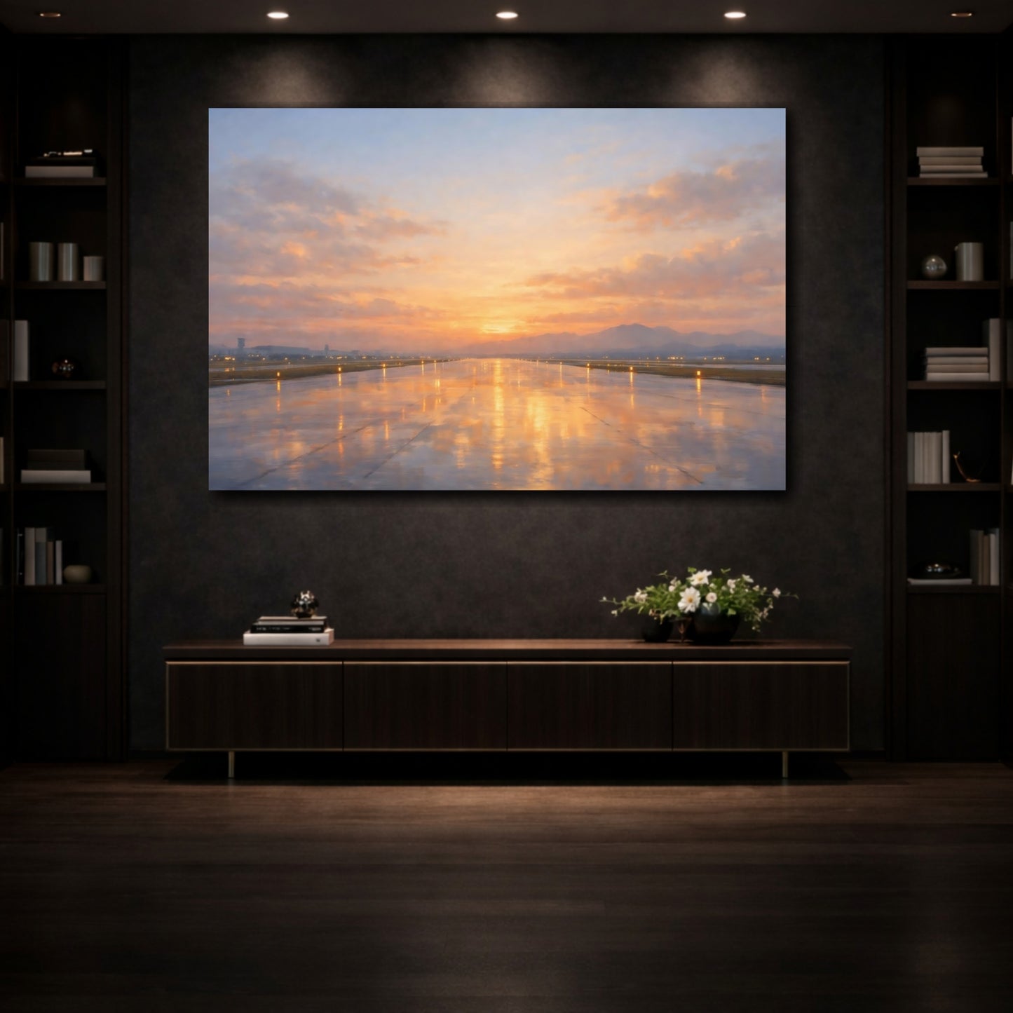 Mockup 4. Nature Airport Runway Orange Sunset Runway shown as stretched canvas wall art
