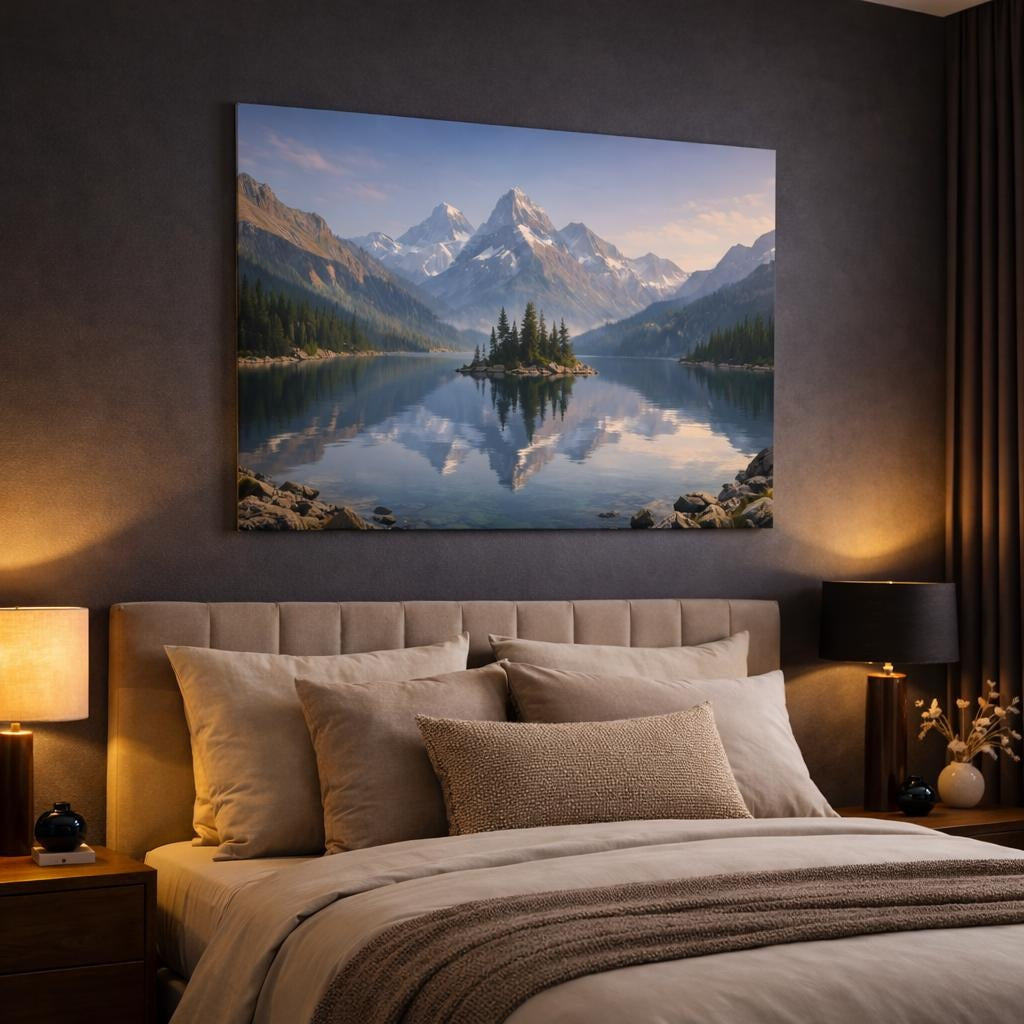 Nature Alpine Lake shown as canvas wall art in a luxury bedroom