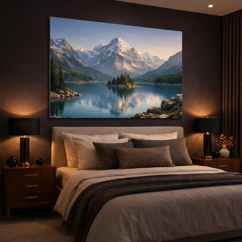 Nature Alpine Lake shown as canvas wall art in a luxury bedroom