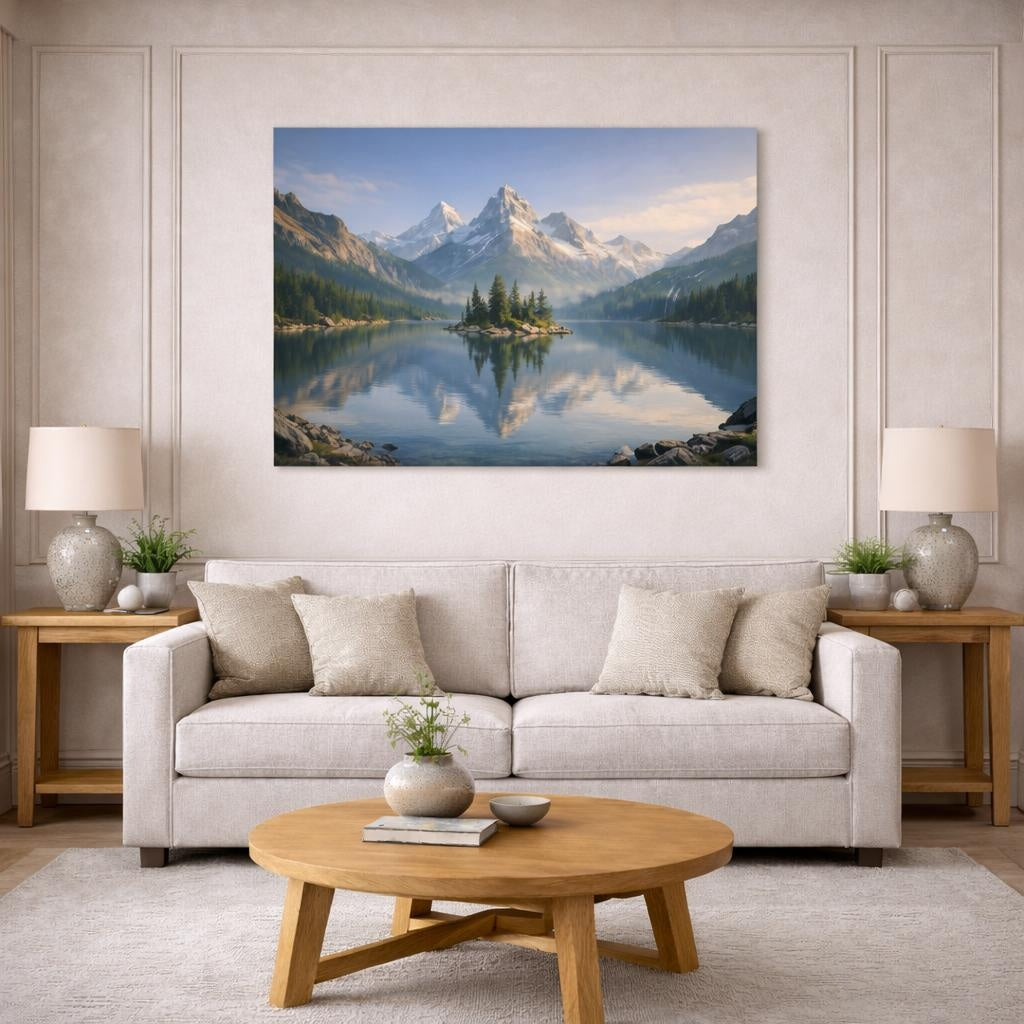 Nature Alpine Lake shown as canvas wall art in a modern living room