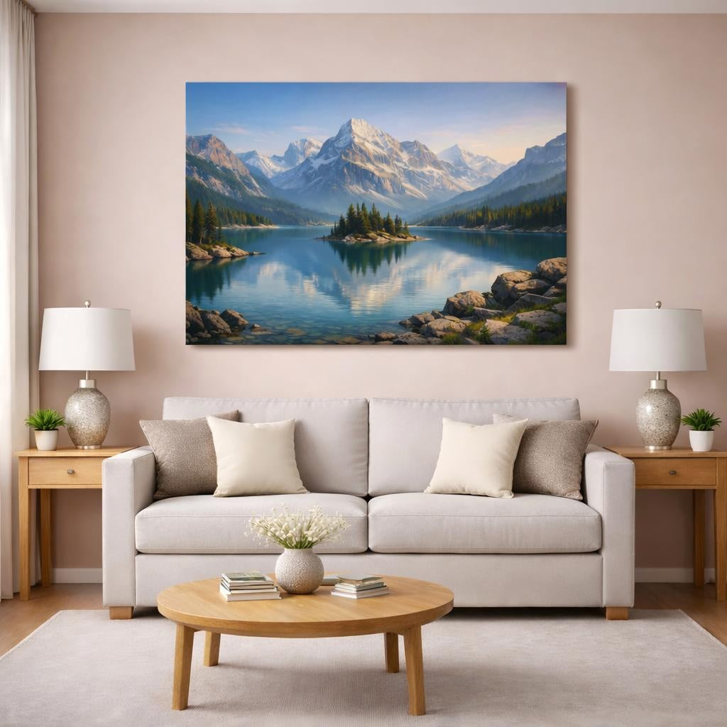 Nature Alpine Lake shown as canvas wall art in a modern living room