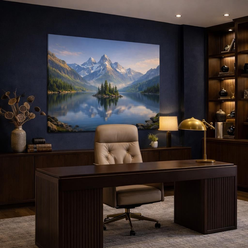 Nature Alpine Lake shown as canvas wall art in a refined dining room