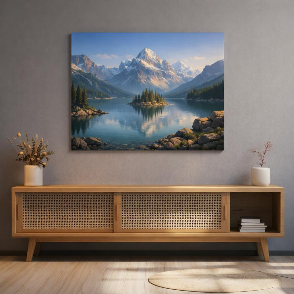 Nature Alpine Lake shown as canvas wall art in a refined dining room