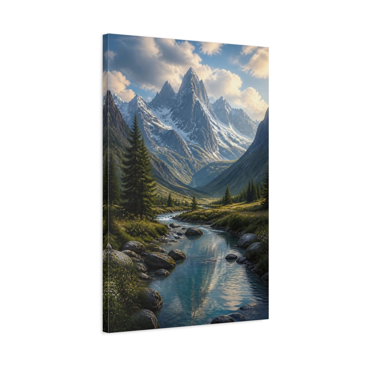 Side Mockup 2. Nature Alpine Valley Green Blue Mountain shown as stretched canvas wall art