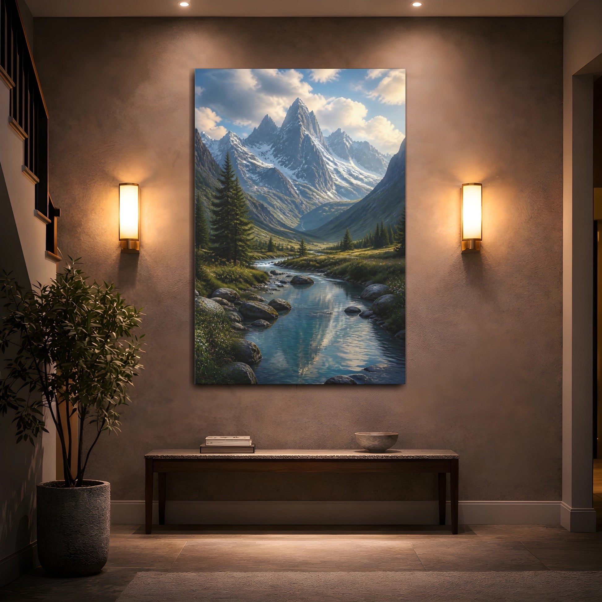 Mockup 2. Nature Alpine Valley Green Blue Mountain shown as stretched canvas wall art