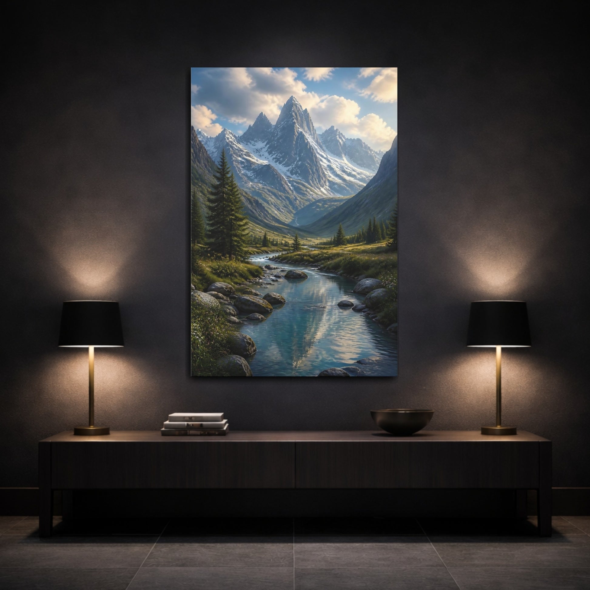 Mockup 3. Nature Alpine Valley Green Blue Mountain shown as stretched canvas wall art