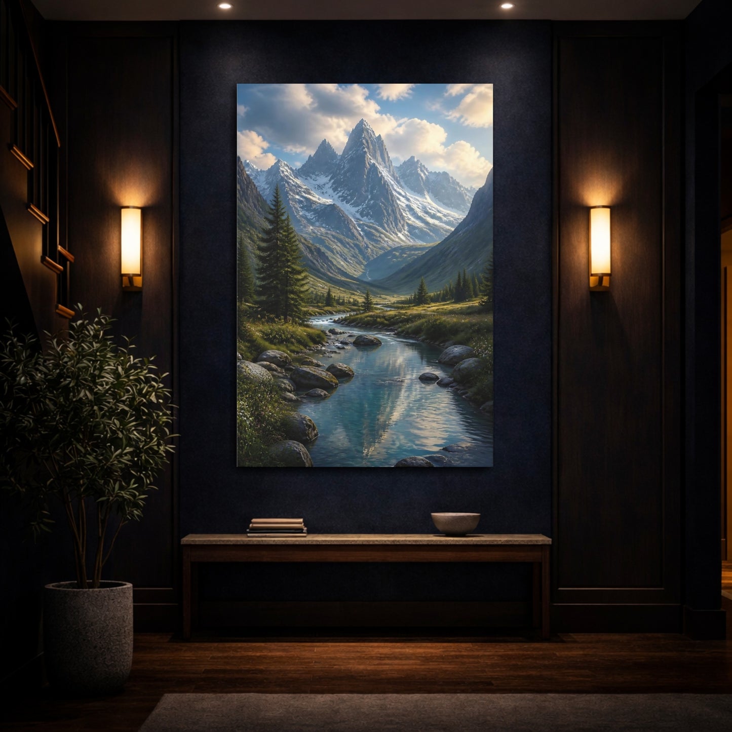 Mockup 4. Nature Alpine Valley Green Blue Mountain shown as stretched canvas wall art