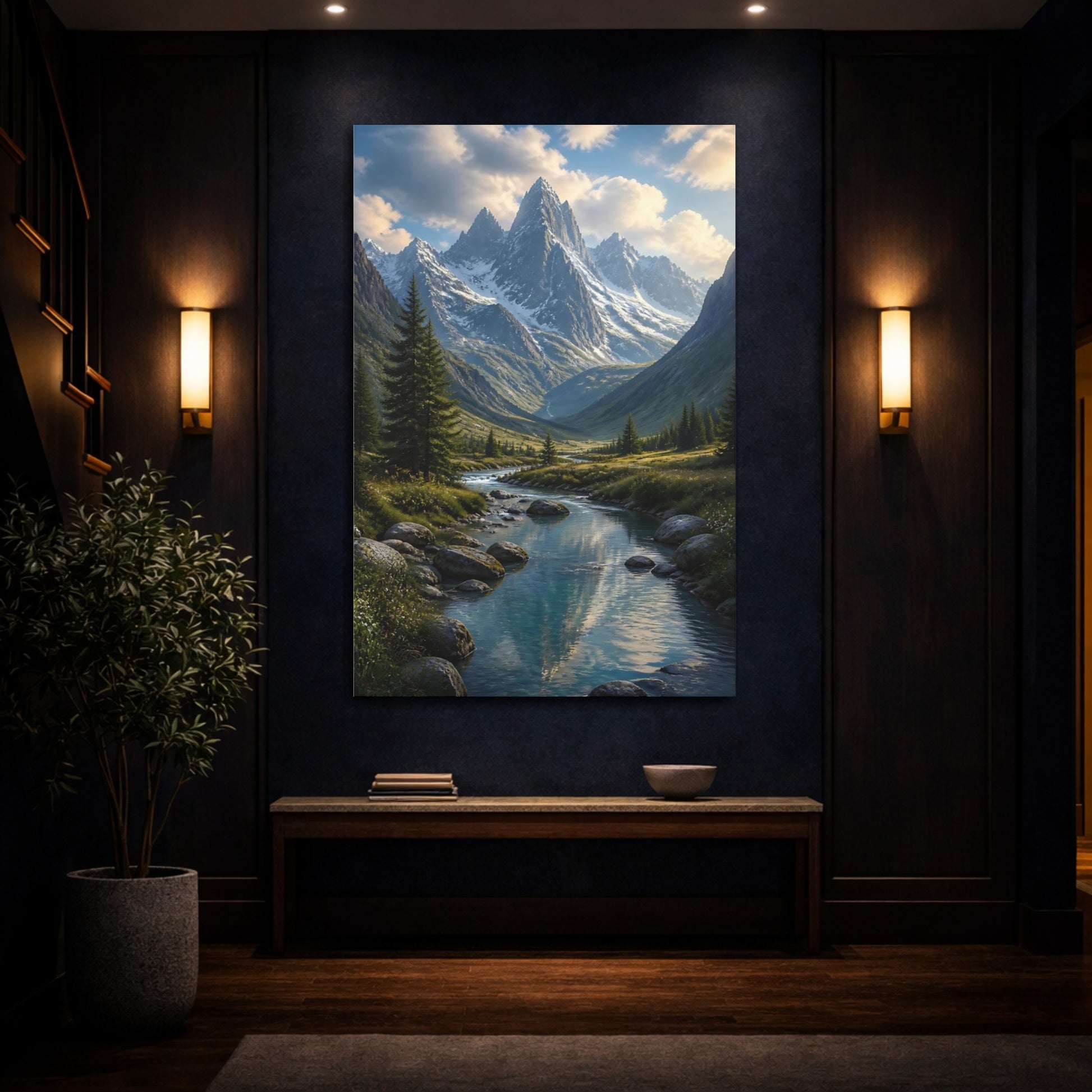 Mockup 4. Nature Alpine Valley Green Blue Mountain shown as stretched canvas wall art