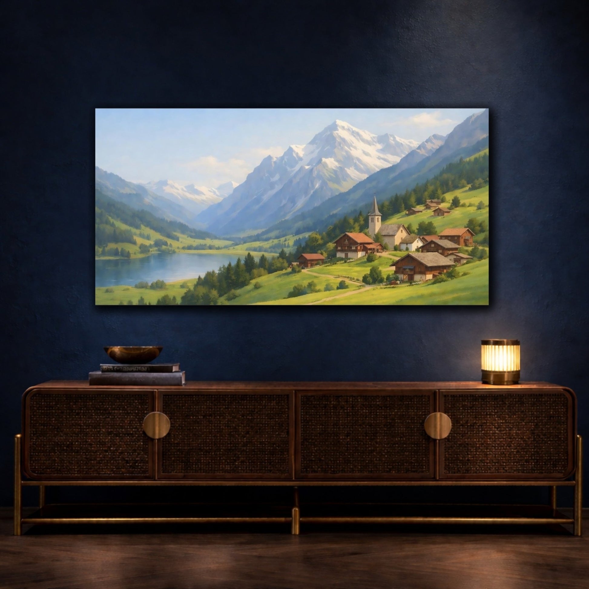Nature Alpine Village Green Mountain Lake - Canvas Wall Art Print - YesArtYes