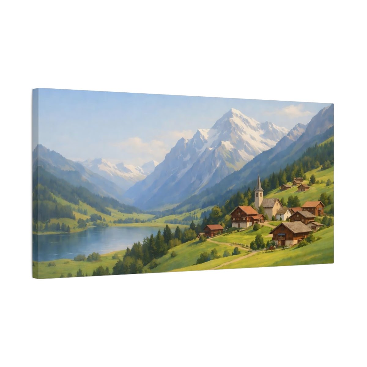 Nature Alpine Village Green Mountain Lake - Canvas Wall Art Print - YesArtYes