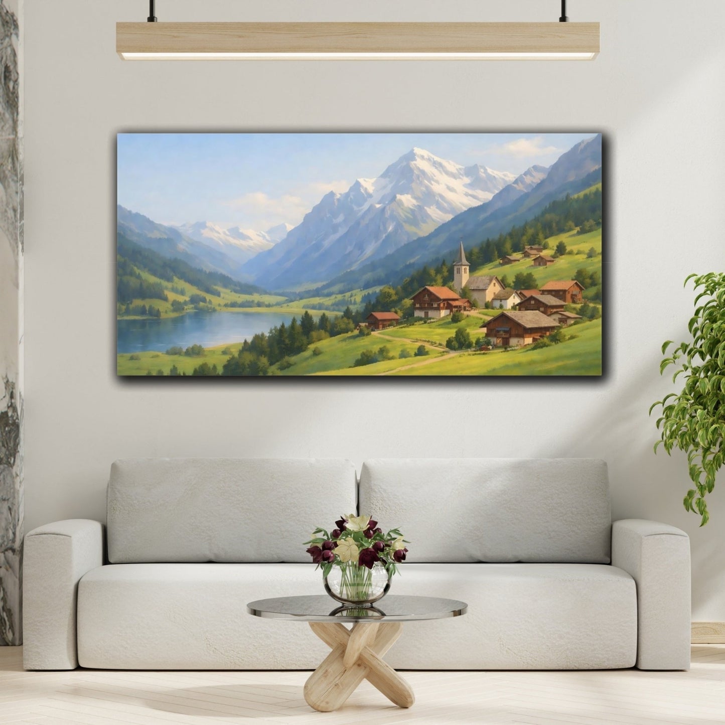 Nature Alpine Village Green Mountain Lake - Canvas Wall Art Print - YesArtYes