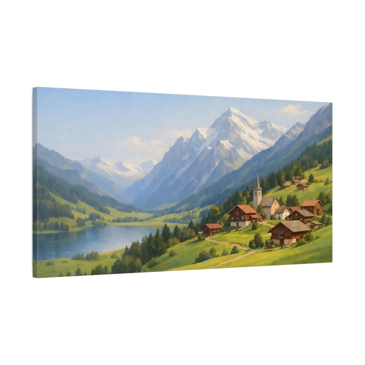 Nature Alpine Village Green Mountain Lake - Canvas Wall Art Print - YesArtYes