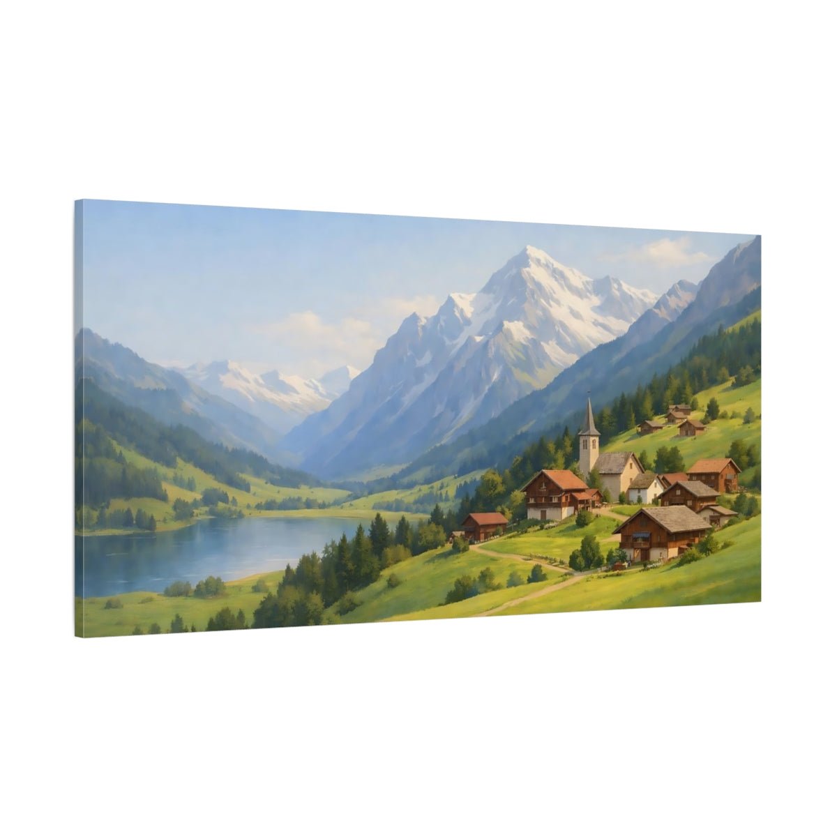 Nature Alpine Village Green Mountain Lake - Canvas Wall Art Print - YesArtYes
