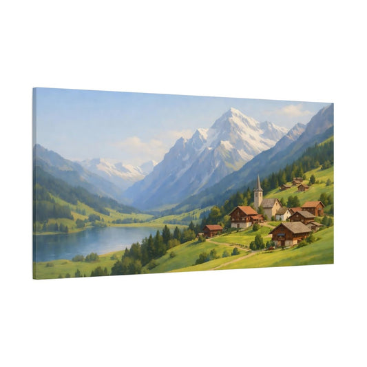 Nature Alpine Village Green Mountain Lake - Canvas Wall Art Print - YesArtYes