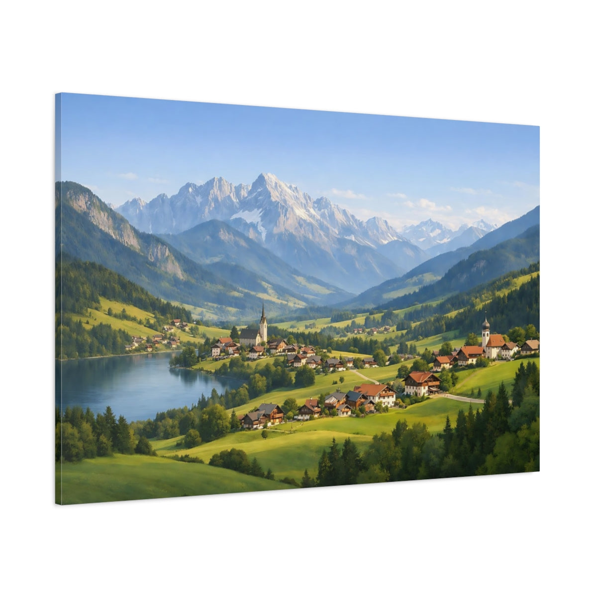 Side Mockup 1. Nature Alpine Village Alpine Village Landscape shown as stretched canvas wall art